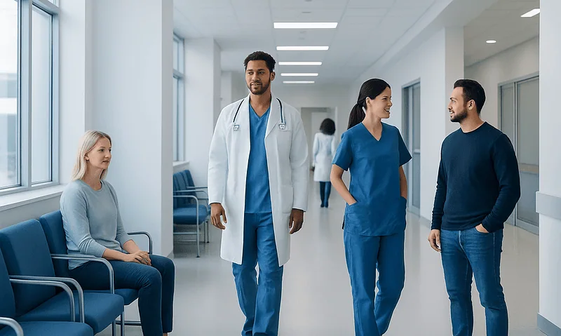 Medical professionals and patient in hospital corridor.
