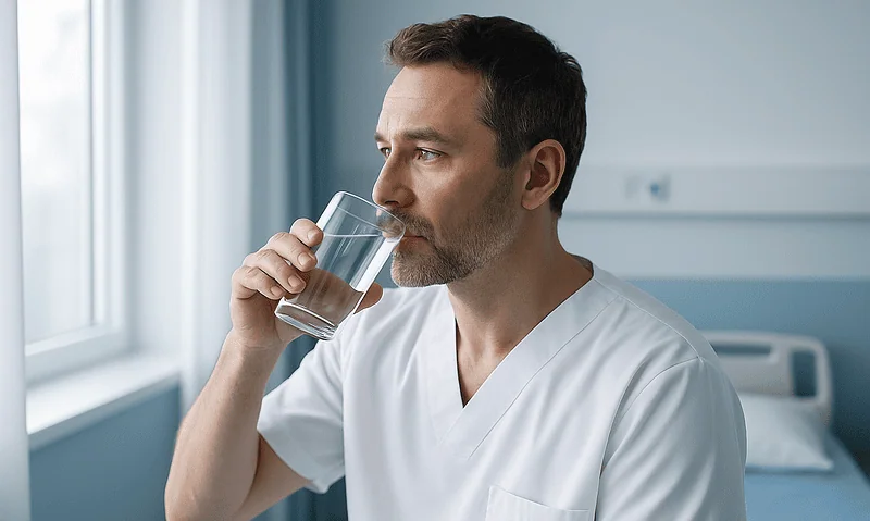 Male healthcare professional drinking water in hospital room.