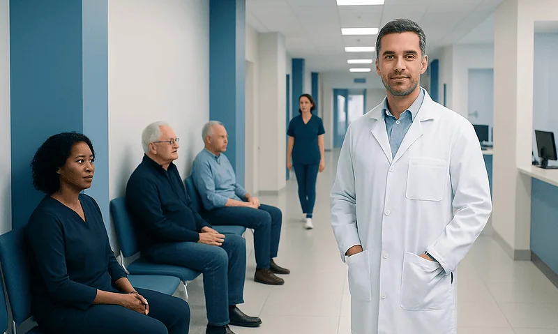Doctor with patients in a hospital corridor at Acibadem Hospitals Group.