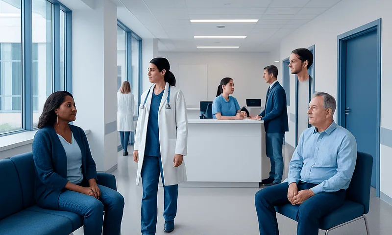 Medical consultation in a modern hospital waiting area with healthcare professionals and patients.