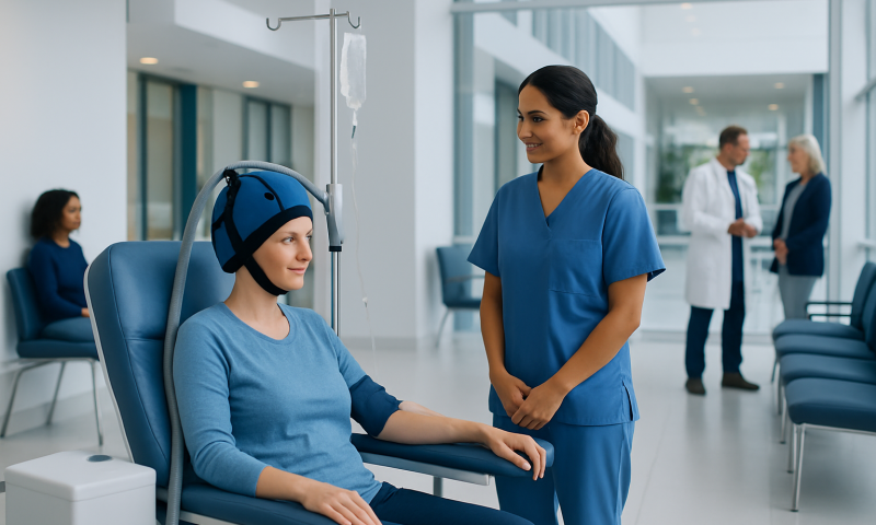 Patient receiving chemotherapy with medical staff in hospital.
