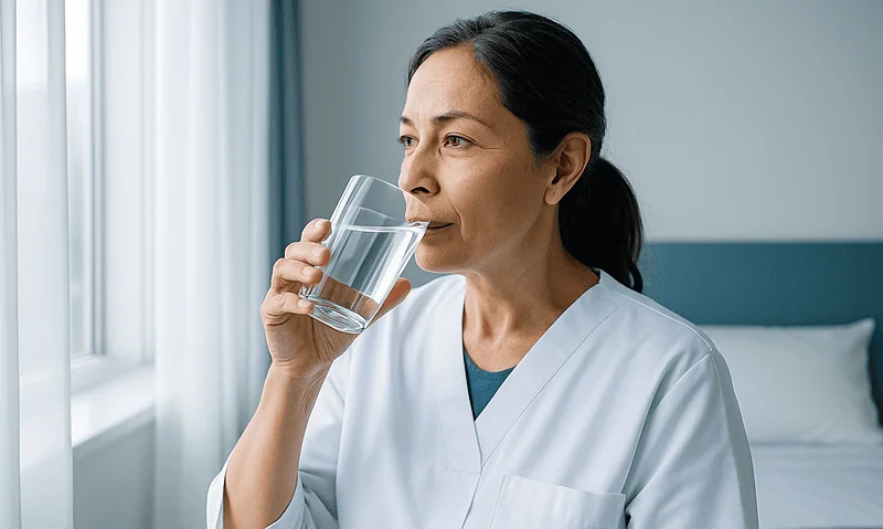 Female healthcare professional drinking water in a clinical setting.