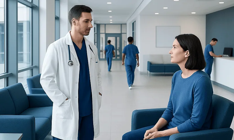 Doctor consulting patient in hospital lobby with medical staff in background.