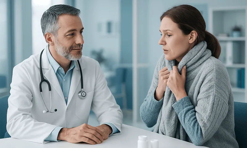 Doctor consulting with a woman patient about symptoms in a clinic setting.