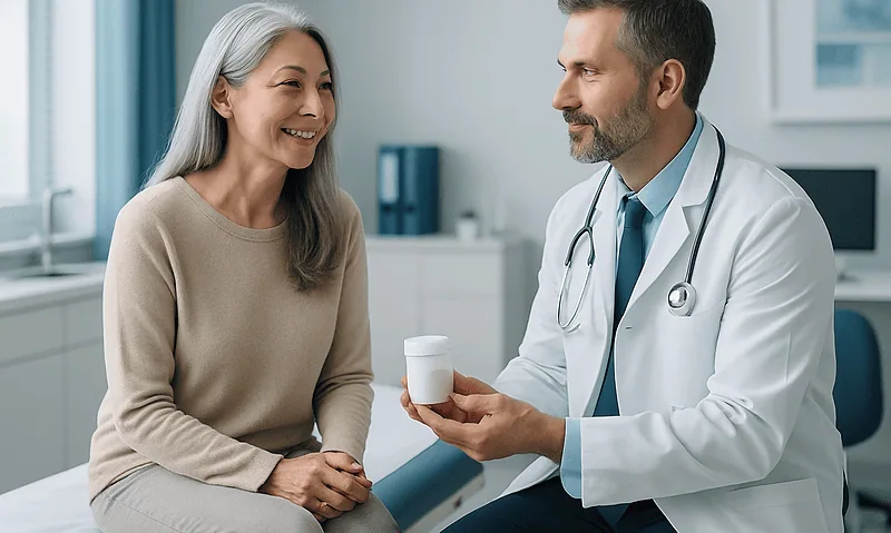 Doctor consulting with an elderly woman in a medical office.