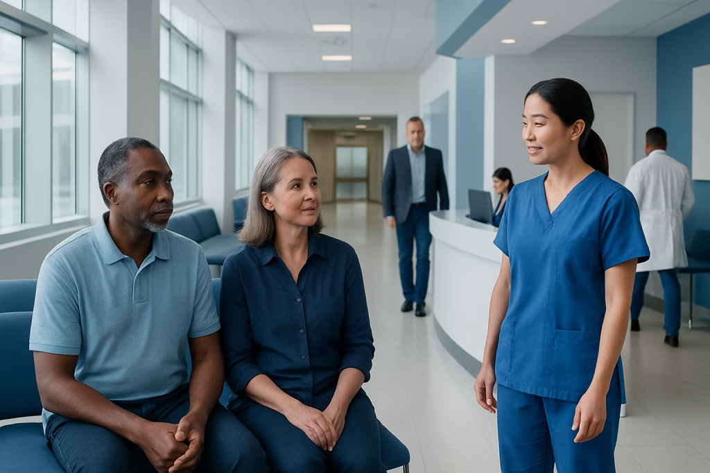 Cologuard Cost: What Patients Really Pay 1 Diverse patients consulting with nurse in hospital corridor.