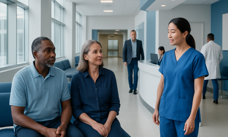 Diverse patients consulting with nurse in hospital corridor.