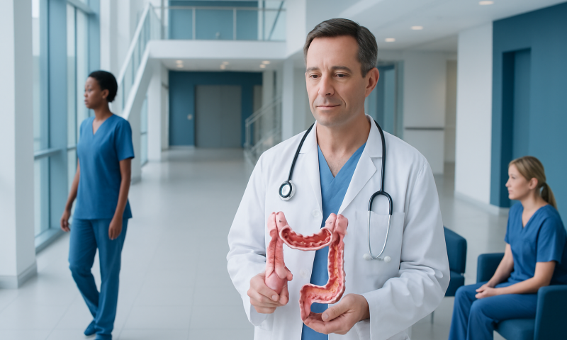 Doctor holding a model of the human colon in a hospital corridor.