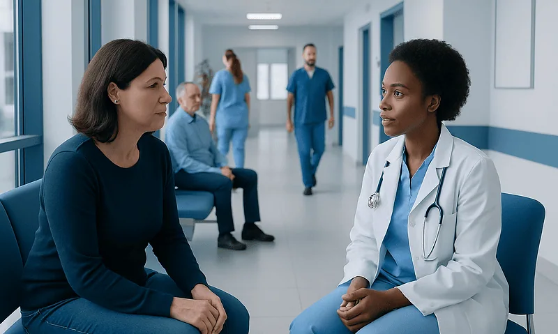 Doctor consulting a patient in a hospital corridor with medical staff in the background.