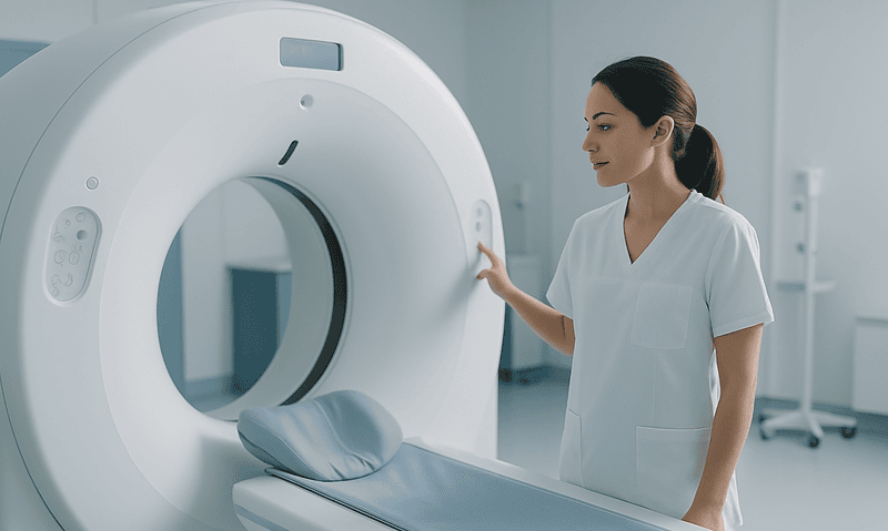 Female healthcare professional preparing a CT scan machine in a medical facility.
