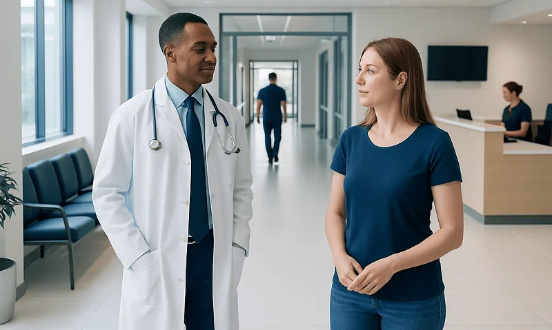 Doctor and patient having a conversation in a hospital corridor.