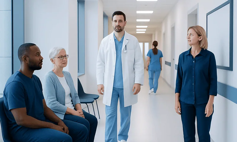 Medical team discussing patient care in hospital corridor.