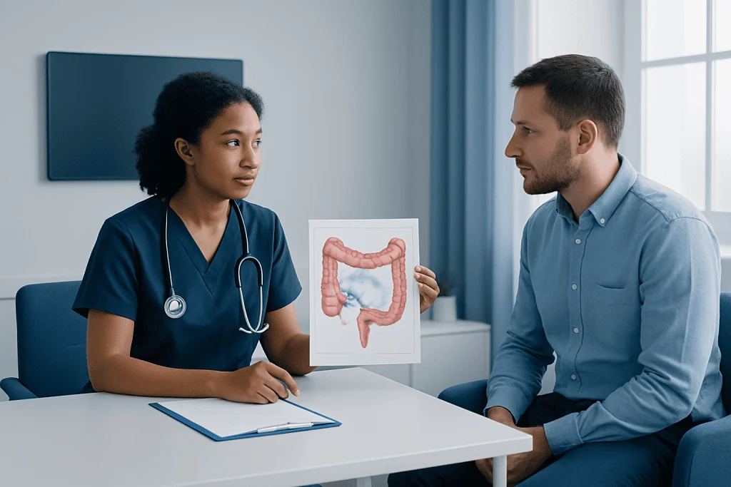 Doctor explains colonoscopy process to patient with colon diagram.