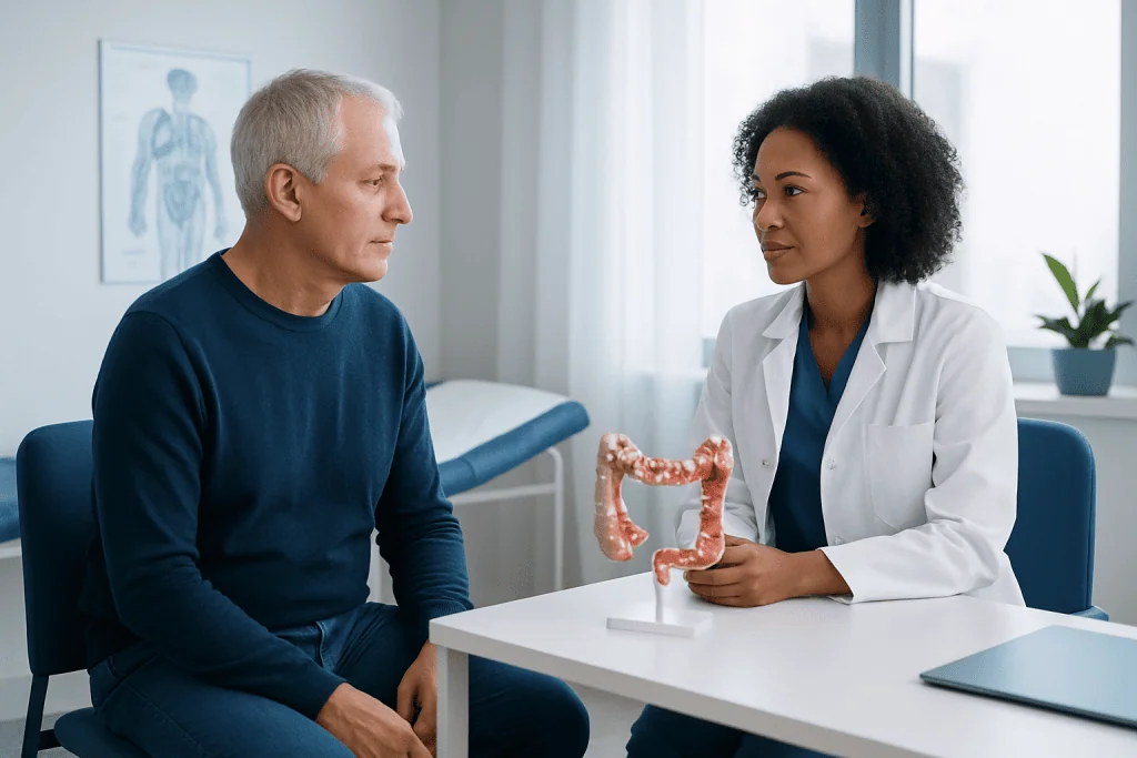Doctor explaining colon health to a patient in a medical consultation room.
