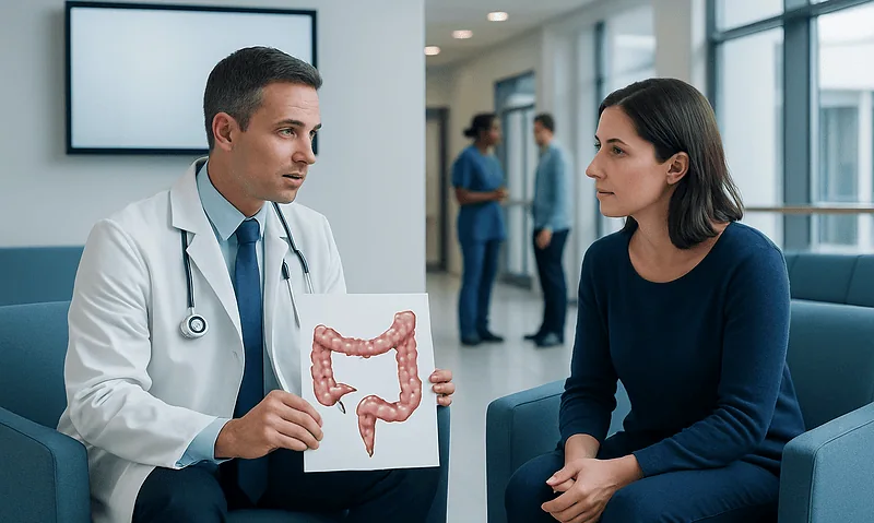 Doctor explaining colonoscopy procedure with a model of the large intestine.
