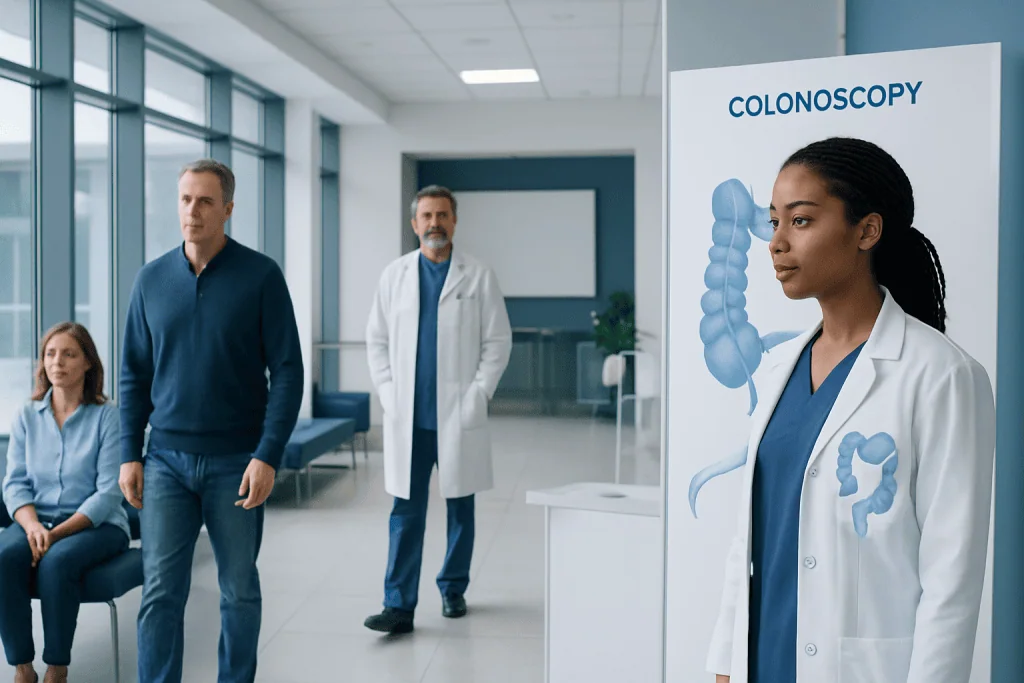 Colonoscopy Rvu: Preparation, Procedure and Results 1 Medical professionals preparing for colonoscopy procedure in hospital corridor.