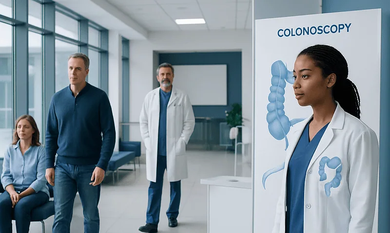 Colonoscopy Rvu: Preparation, Procedure and Results 4 Medical professionals preparing for colonoscopy procedure in hospital corridor.