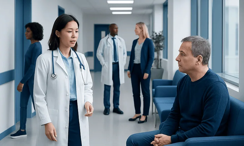 Doctor consulting a patient in a hospital corridor with medical staff in background.