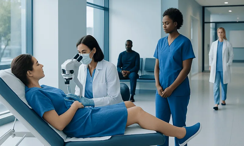 Medical professionals perform a colposcopy exam on a patient in a hospital.