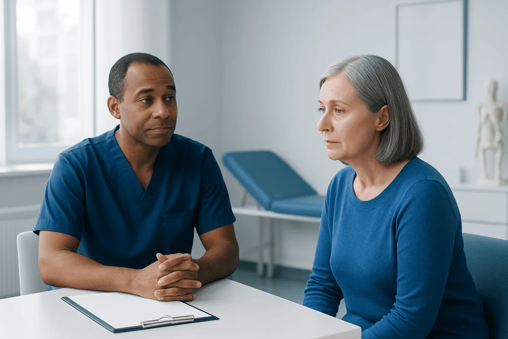 Doctor consulting with an elderly female patient in a medical office.
