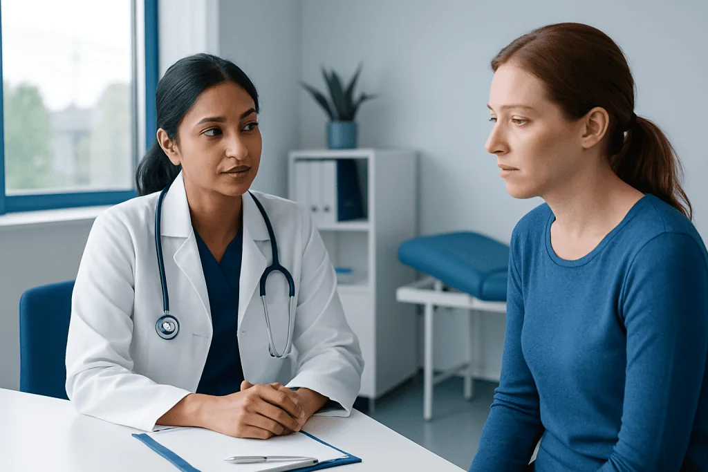 Doctor consulting patient in a modern medical office.