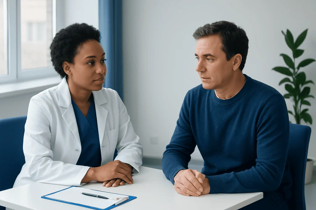 Doctor consulting with male patient in a medical office.