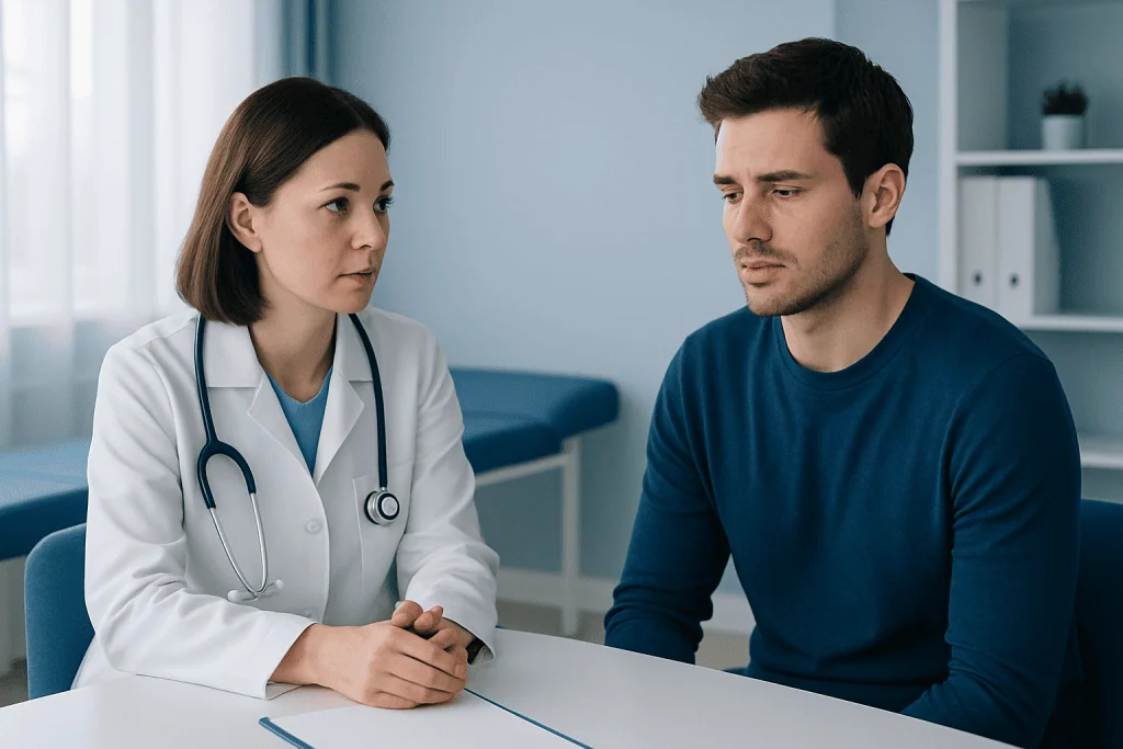 Doctor consulting with male patient in a medical office.