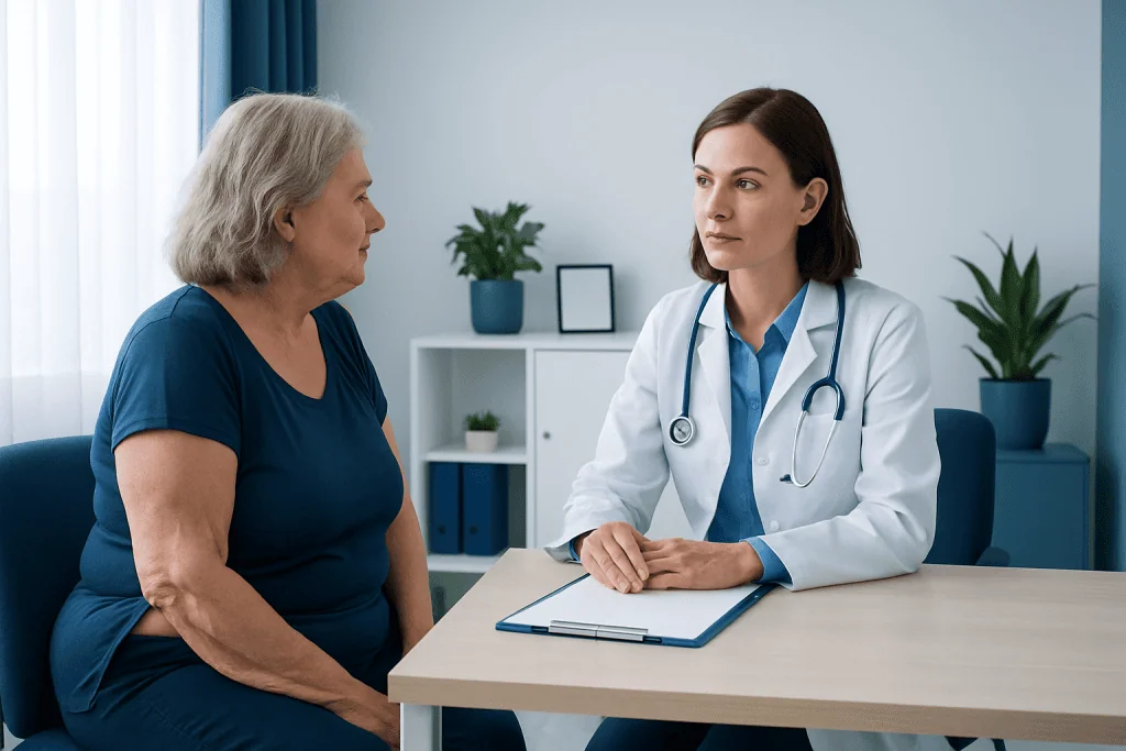 Doctor consulting with an elderly woman in a medical office setting.