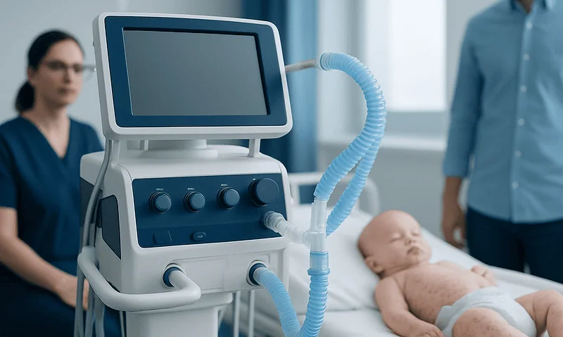 Medical ventilator machine in a hospital room with a baby patient.