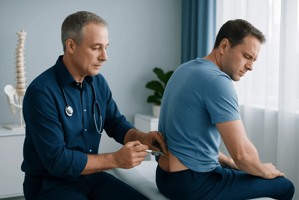 Doctor examining patient's lower back for pain or injury.