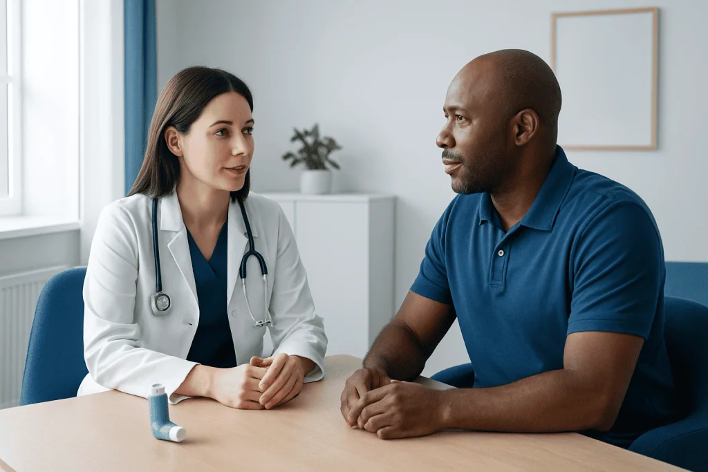 Doctor consulting with male patient in a medical office.