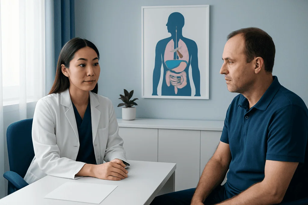 Doctor consulting patient about digestive health in a medical office.