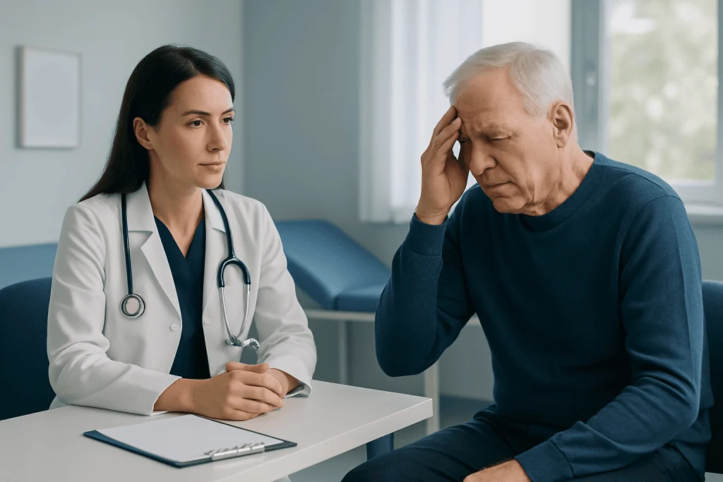 Doctor consulting with an elderly patient experiencing headache symptoms.