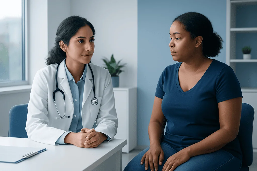 Doctor consulting with a patient about skin concerns in a modern clinic.