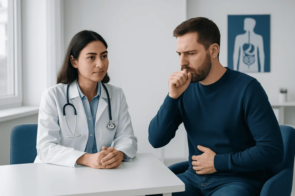 Doctor consulting with male patient about gut health in clinic.