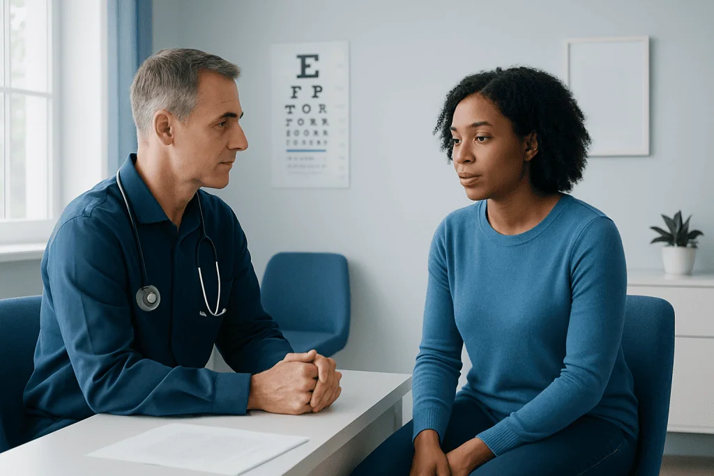 Doctor consulting with a patient about vision issues in a clinic setting.