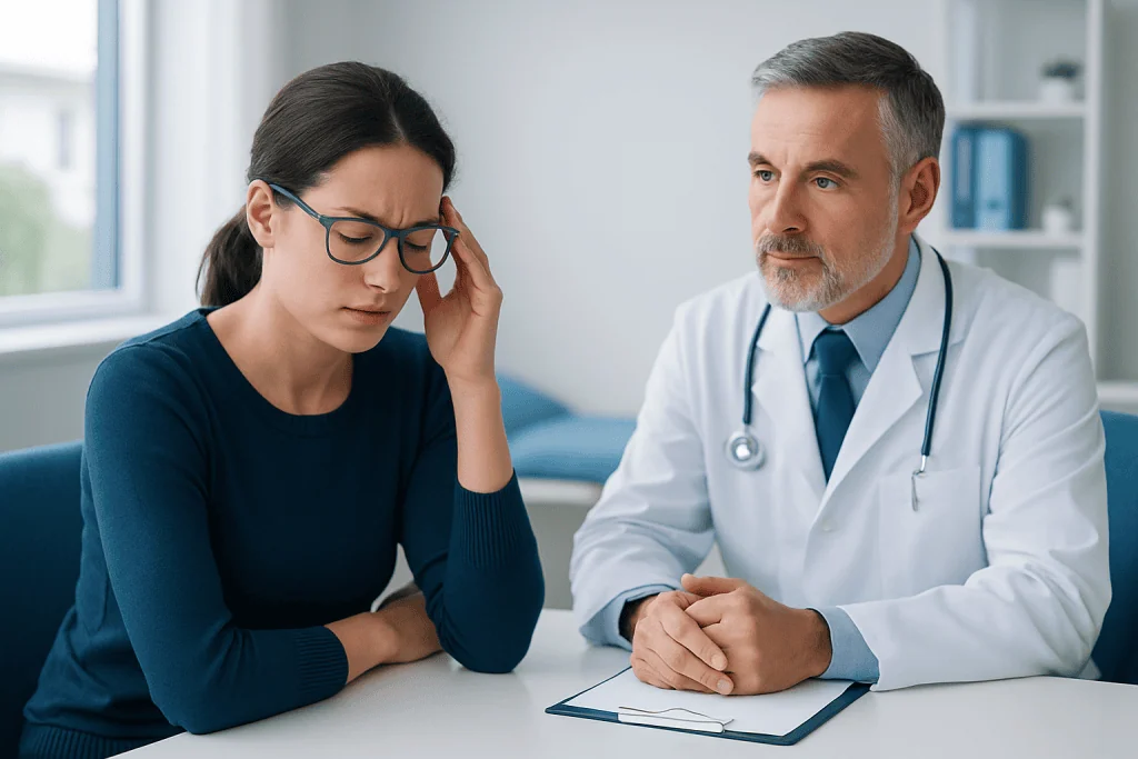 Woman experiencing headache consulting a doctor in a medical office.
