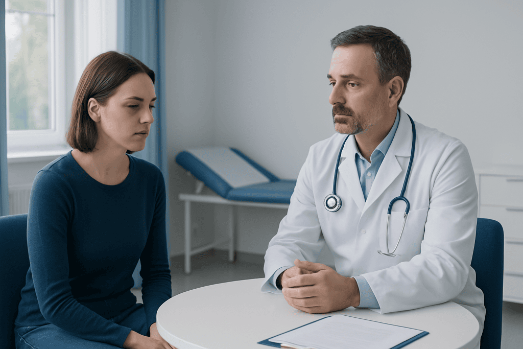 Doctor consulting with a young woman about health concerns in a medical office.