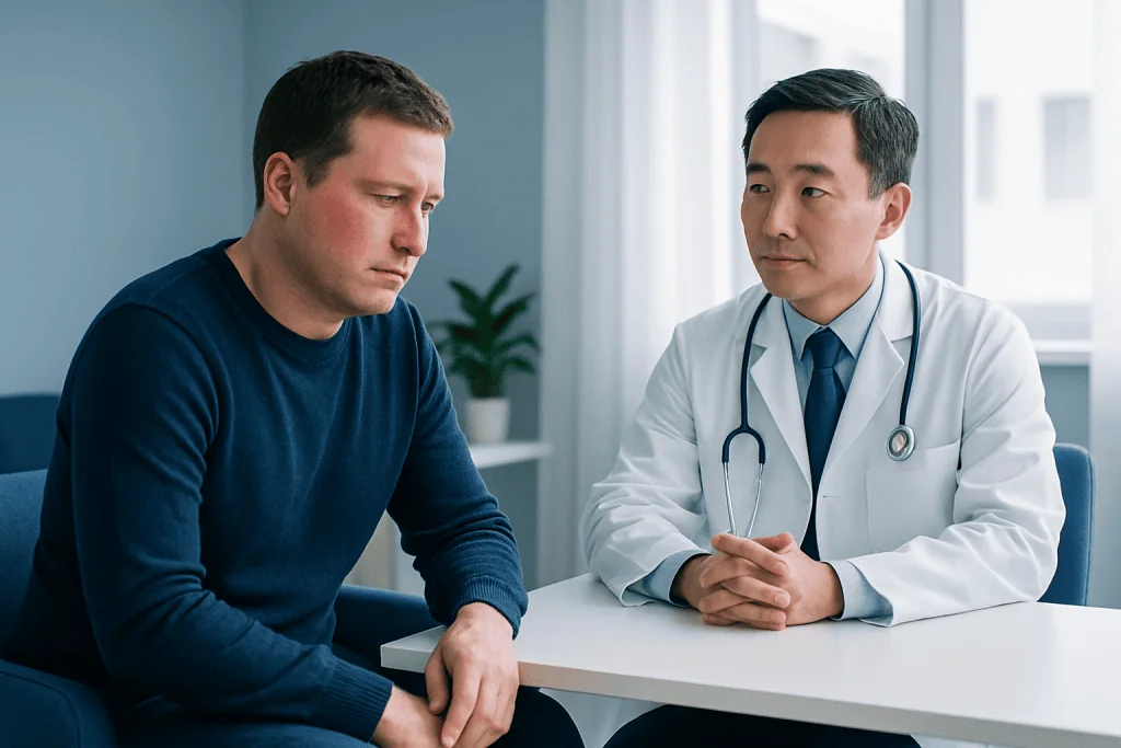 Doctor consulting with male patient in a medical office setting.