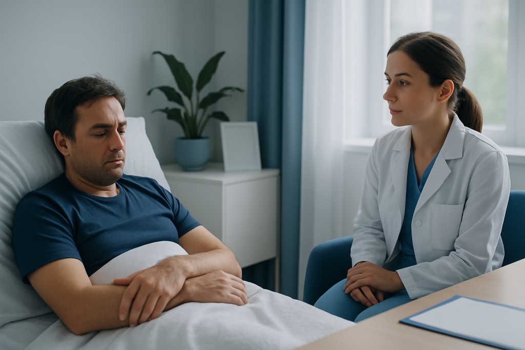 Patient in hospital bed talking to a healthcare professional.