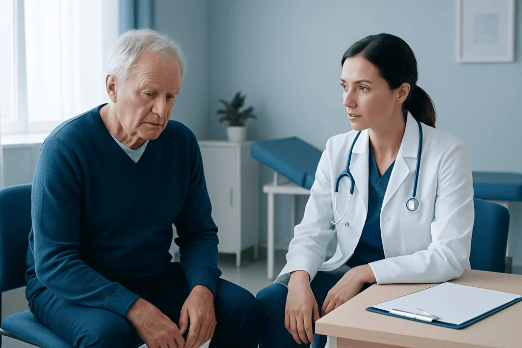Doctor consulting with elderly patient in a medical office.