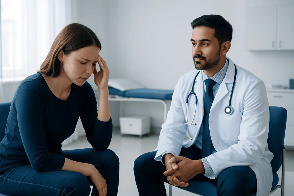 Woman experiencing headache consulting with doctor in clinic.