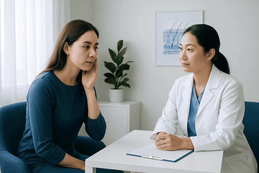 Doctor consulting with patient about skin texture improvement.