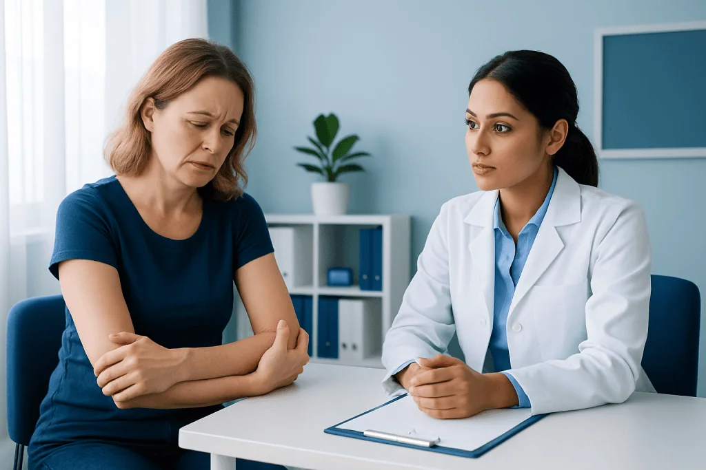 Patient consulting with doctor about elbow pain in a medical office.