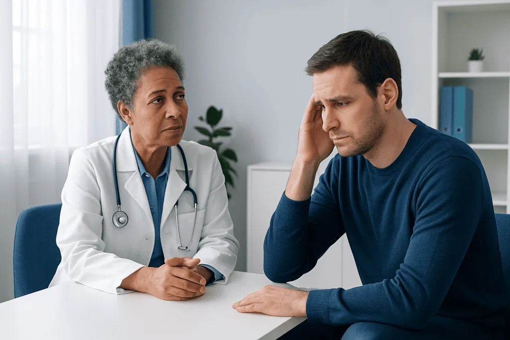 Doctor consulting with a patient about hearing issues in a medical office.