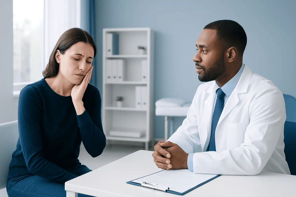 Patient consulting doctor about facial soreness in a medical office.