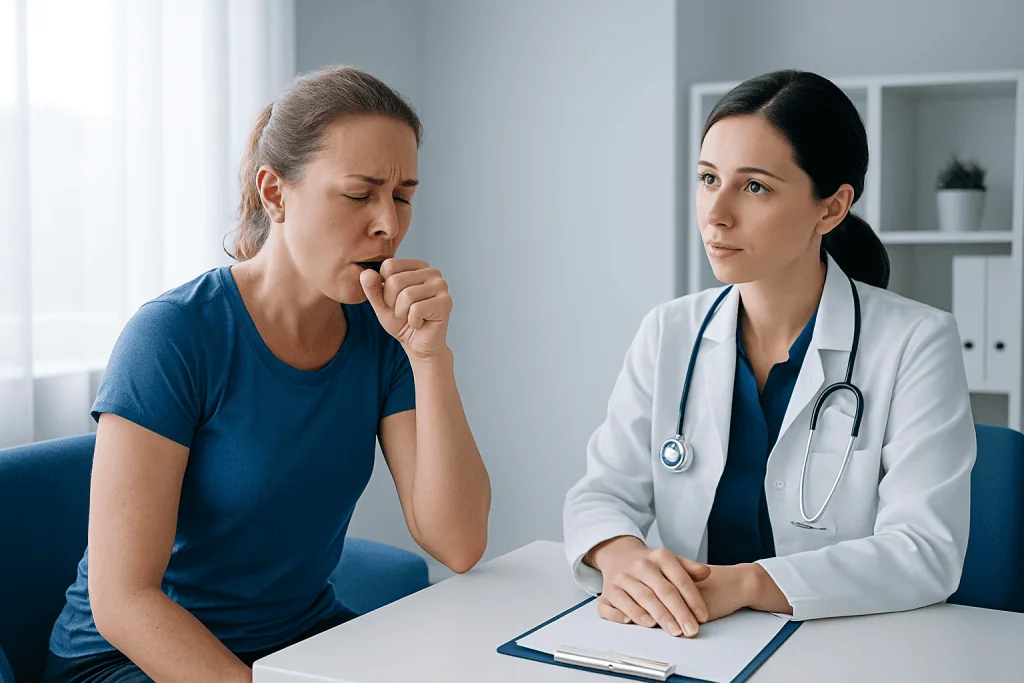 Patient coughing during medical consultation at Acibadem Hospital.