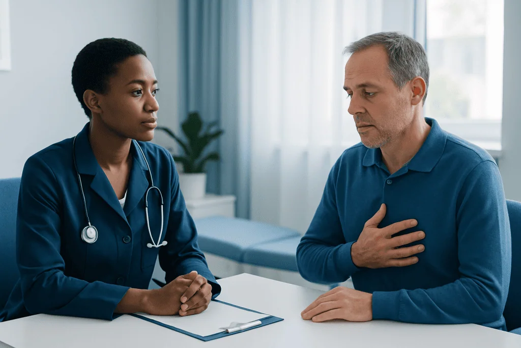 Doctor consulting with patient about breathing issues at night.