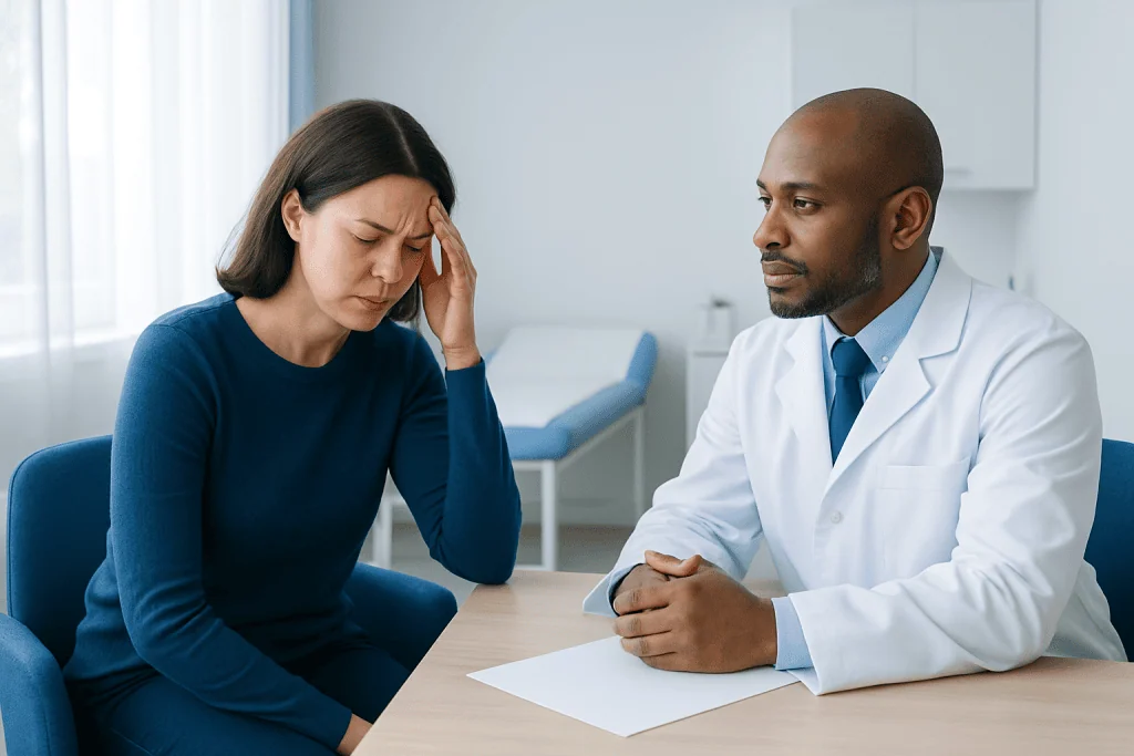 Woman consulting doctor about headache symptoms in a medical office.