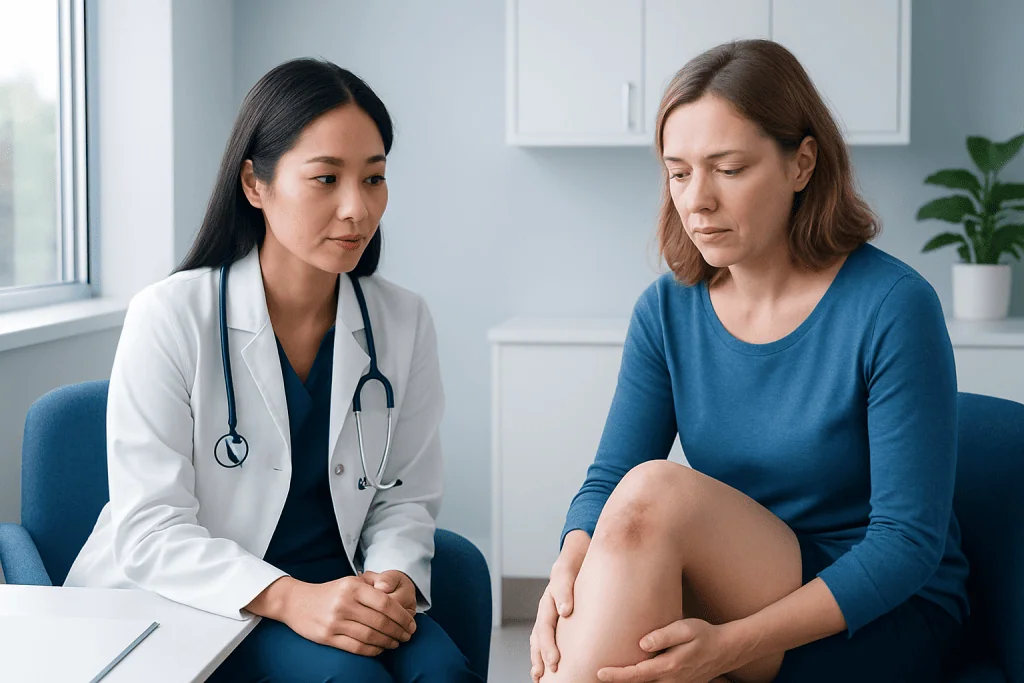 Doctor examining a woman with a knee bruise in a clinical setting.